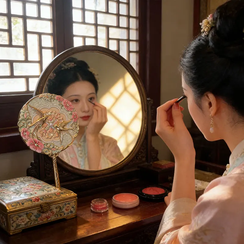 Vintage Chinese stijl spiegel pioenbloem Yunque reliëf delicate mini spiegel draagbare make-upspiegel voor meisjes cosmetisch hulpmiddel