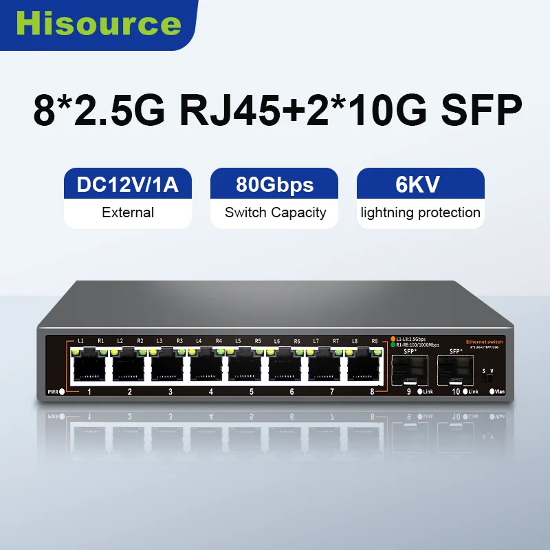 Hisource 8 Port 2.5G Ethernet Switch None POE Network Switch with 2*10G SFP Port Unmanaged
