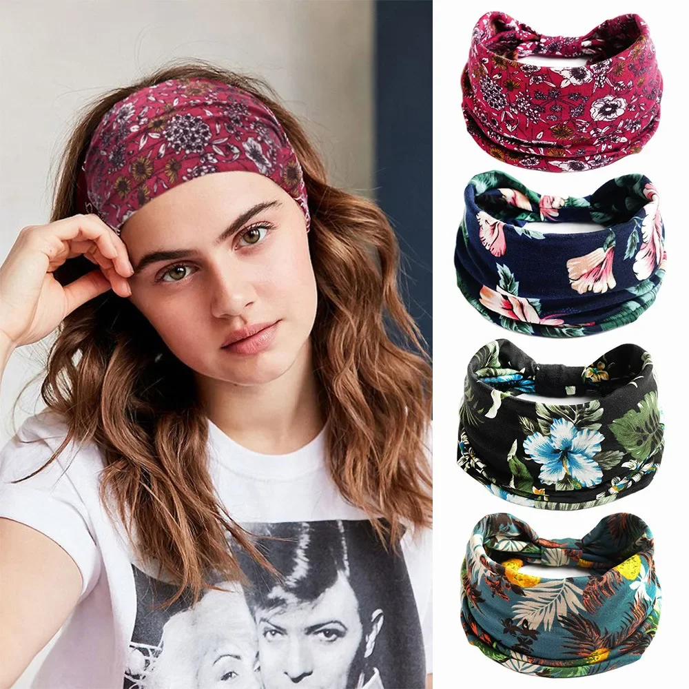 New Boho Flower Print fasce larghe Vintage Knot elastico turbante Headwrap per le donne ragazze cotone morbido Bandana accessori per capelli