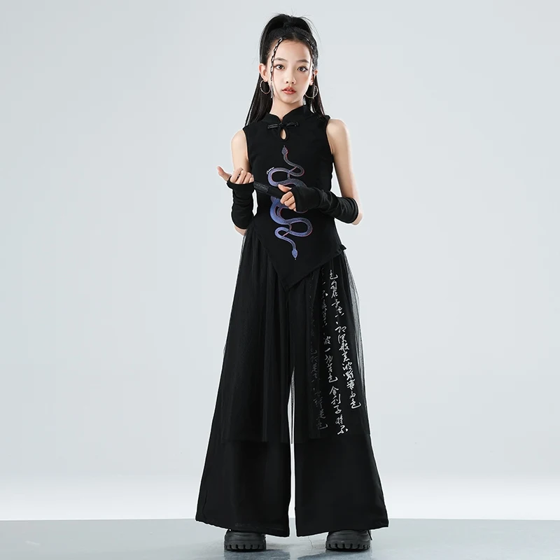 สีดําสไตล์จีน K-pop ชุดเวทีสําหรับสาวแฟชั่นเสื้อผ้าแจ๊สเต้นรํา Hip-Hop Dance เสื้อผ้า XH2821