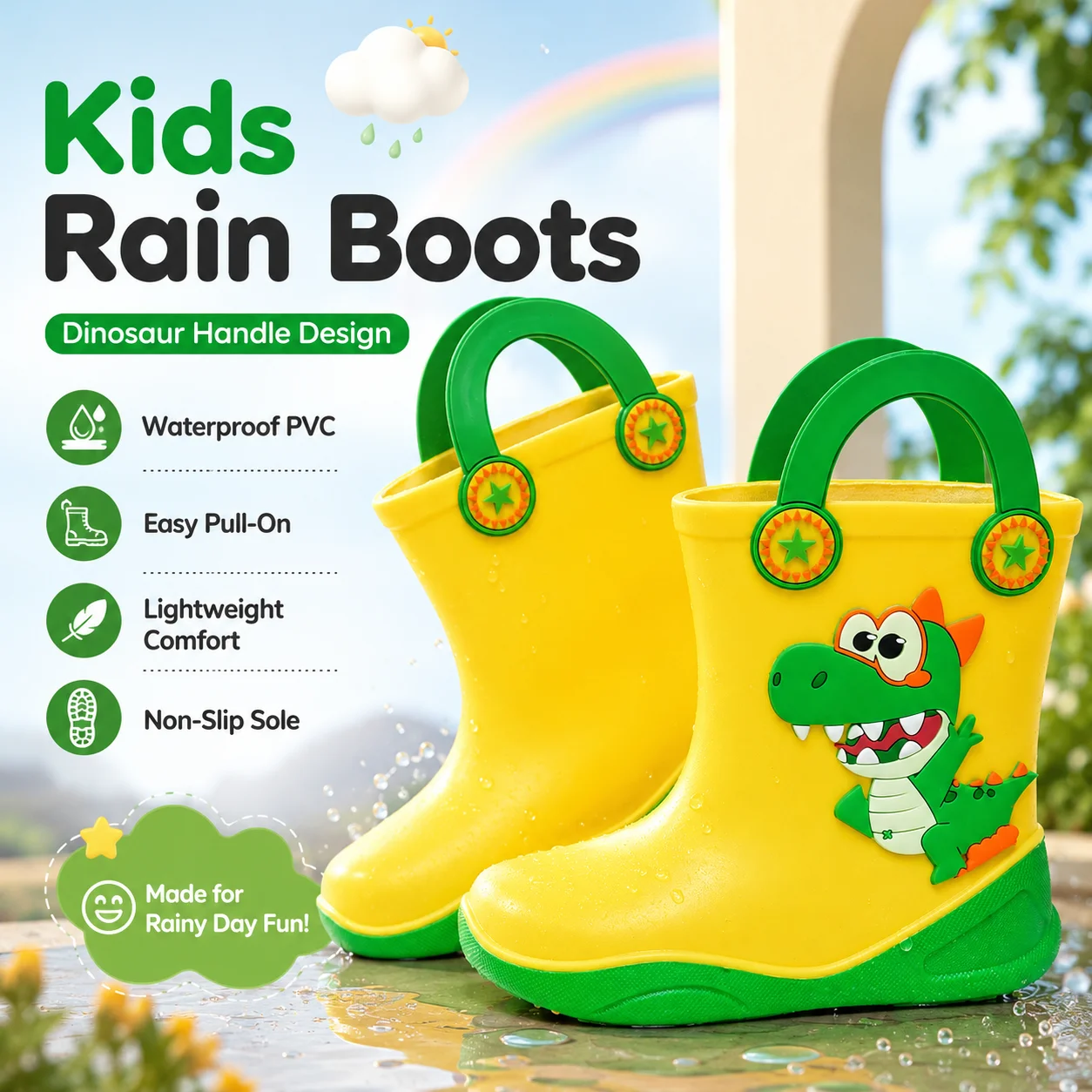 

Kids Rain Boots Dinosaur Handle - Waterproof Anti-Slip Toddler Rain Shoes for Boys Girls Easy to Carry