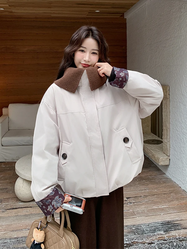 เสื้อพาร์กาผู้หญิงแบบลำลอง ถักลายปะติด  บุขนเป็ด  สำหรับฤดูหนาว  แบบมีซิป  ลายดอกไม้