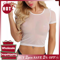 Women Sexy See Through Crop Tops Mesh Sheer Short Tank Crop Transparent Streetwear Causal Y2K Black White T-Shirt Blouse