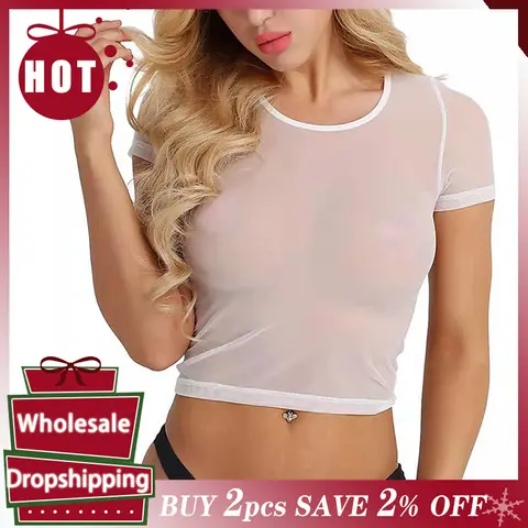 Donne sexy vedere attraverso crop top maglia velata canotta corta crop trasparente streetwear causale Y2K nero bianco t-shirt camicetta