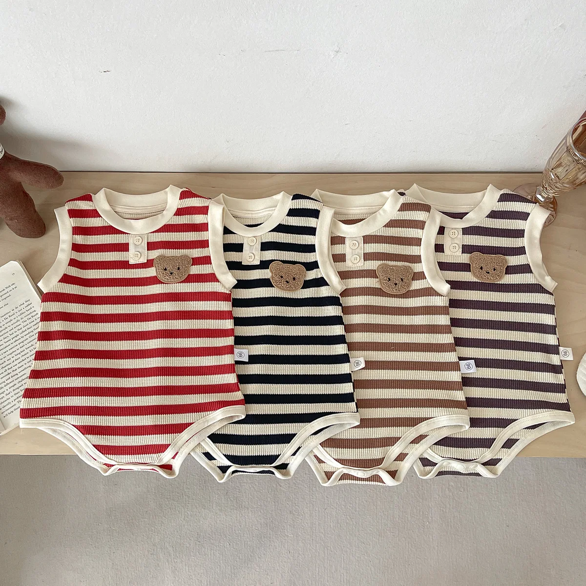 

2024 Summer New Baby Sleeveless Vest Bodysuit Cotton Infant Boy Girl Cartoon Bear Striped Jumpsuit Newborn Toddler Clothes 0-24M