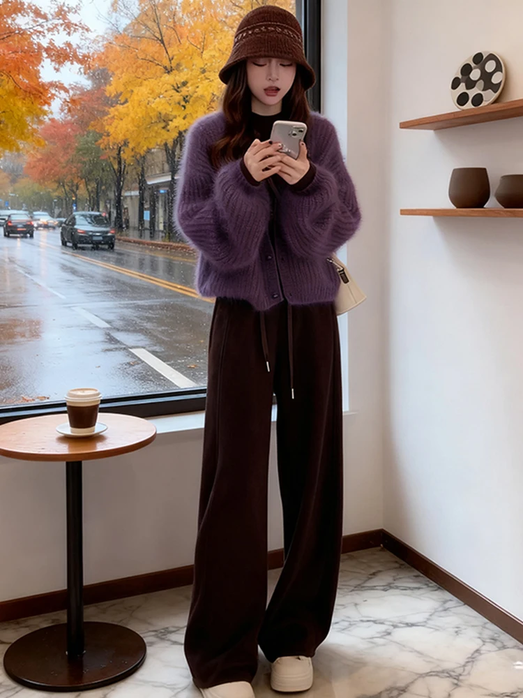 

Модный повседневный комплект спортивной одежды, женский вязаный свитер, дэт, спортивные штаны, комплект из двух предметов, осень-зима, новинка, теплая высокая талия