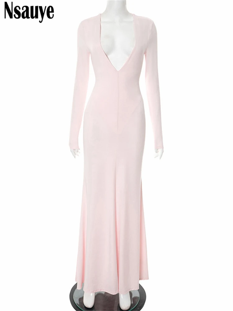 Nsauye 2025 feminino verão outono elegante manga longa moda maxi decote em v baixo corte vestido básico sexy night club festa envoltório vestido