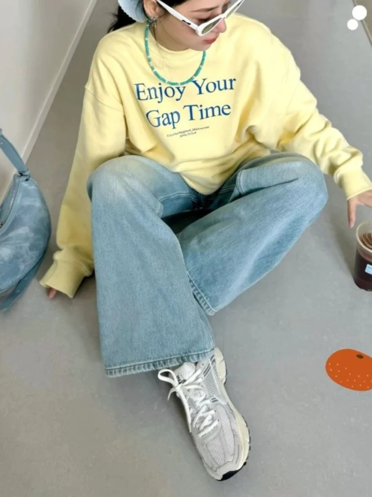 Deeptown Korean Style Letter Sweatshirt Women Sweet Vintage Butter Yellow Hoodies Casual Oversize Street Long Sleeve Pullover
