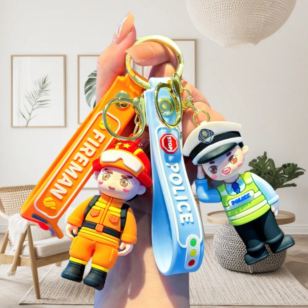 Creative Souvenir Firefighter Police Keychain Backpack Pendant Cute Key Ring Car Key Holder Decorative Commemoration Keyring