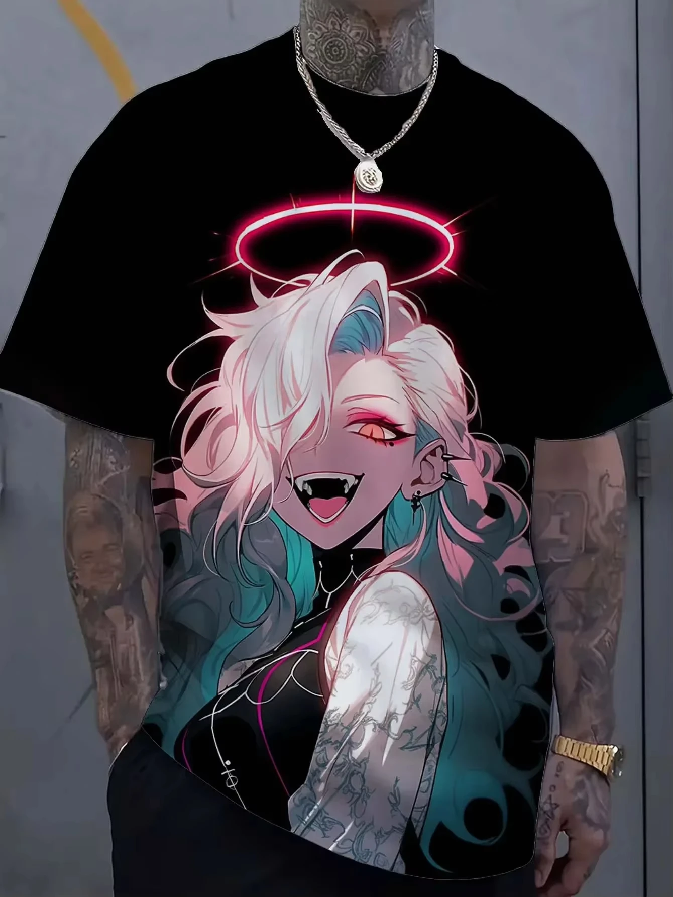 Summer Harajuku Top Short Sleeved Cartoon Tattoo Girl Pattern 3D Printed T-shirt Men's Oversized Sportswear Bad Girl Clothes