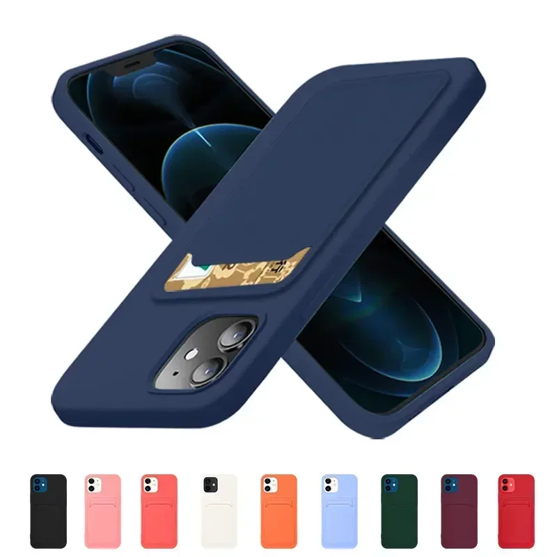 Liquid Silicone Phone Case For iPhone XR X 8 7 Plus SE 2020 16 15 14 13 12 Mini 11 Pro XS Max  Card Slot Bag Back Cover L05