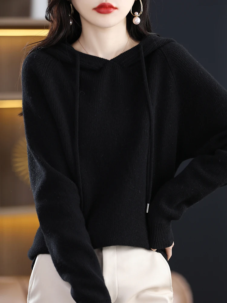 Women’s Hoodie Sweater Pullover 100% Merino Wool Knitwear Raglan Sleeve Stripe Thick Cashmere Chic Comfortable Top Autumn Winter