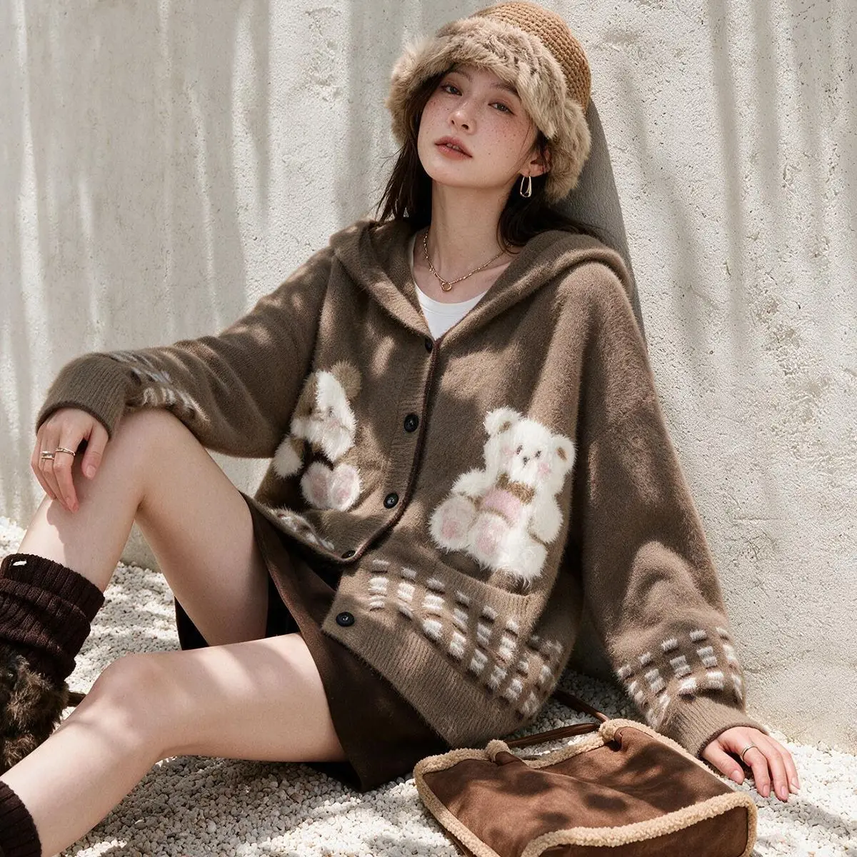Cartoon Cute Lolita Y2K Anime Hooded Sweater Women's Korean Sweet Knitted Cardigan Jacket Japan Kawaii Loose Knitted Top Gift