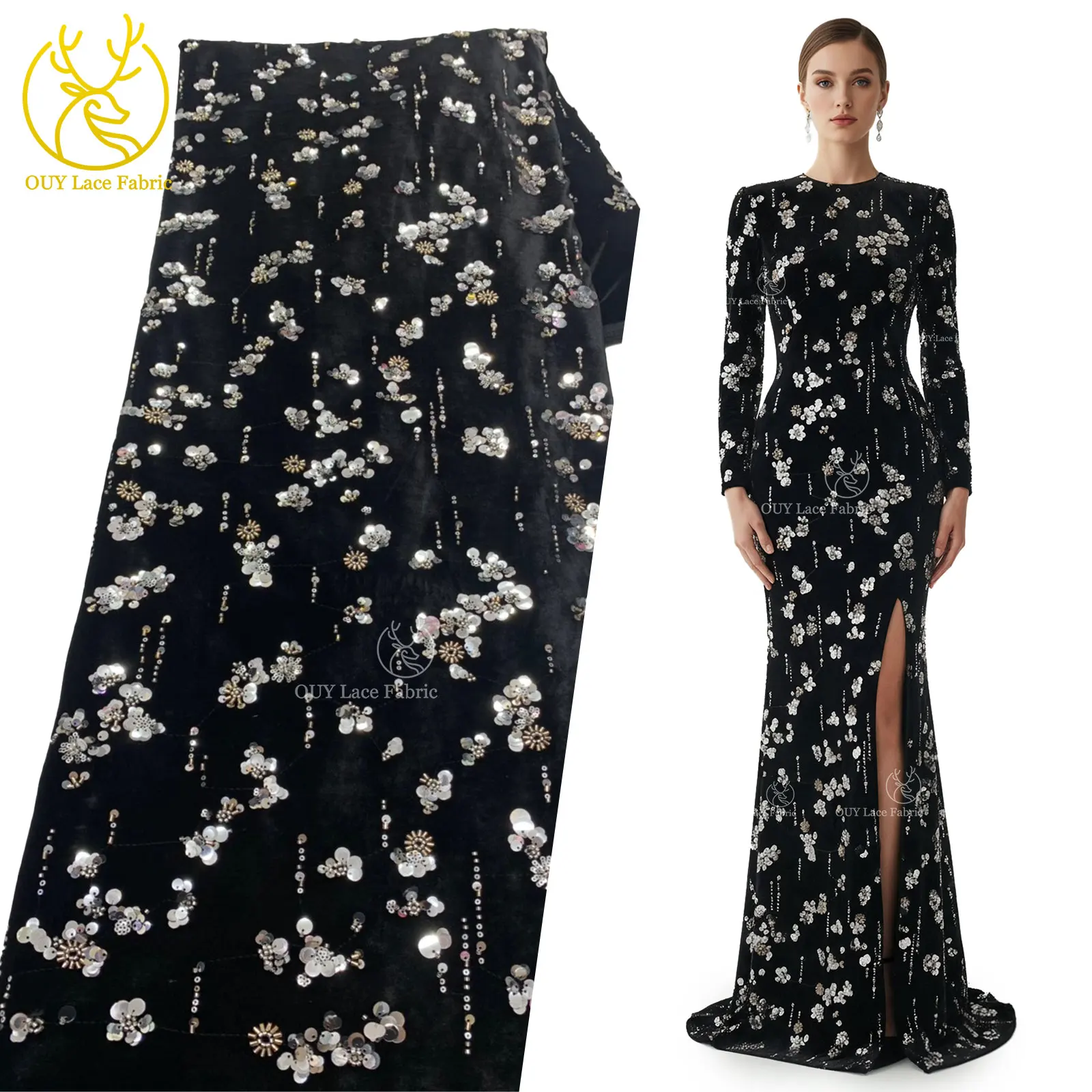 

Luxury French Evening Gown Velvet Sequined Lace Fabric 2026 Exquisite Sequined Fabric Suitable for Evening Gown Sewing Material