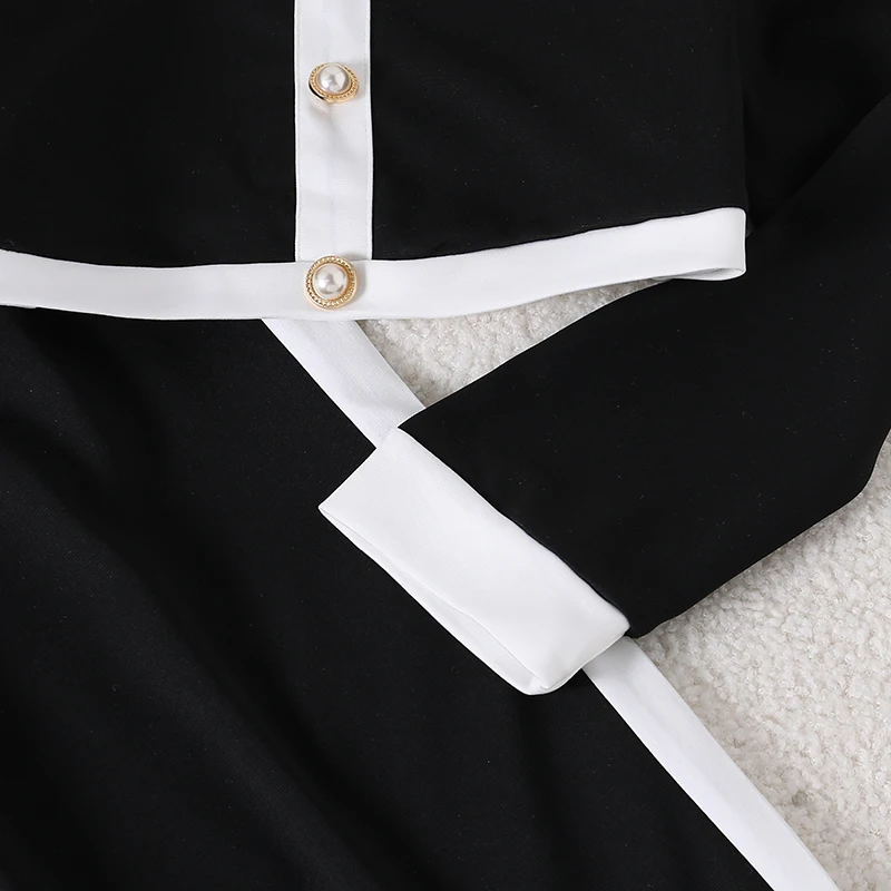 Teen Girls Black White Color Block Suit, Round Neck Pocket Decor Long Sleeve Blouse And Loose Straight Casual Trousers 4