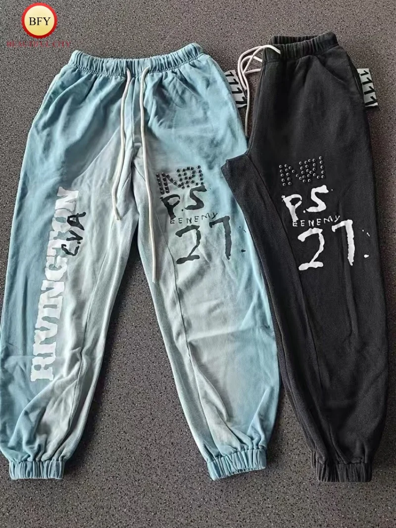 Industrial Wash Best Quality RRR123 Drawstring Jogger Sweatpants Diamonds Letters Vintage Casual Long Pants