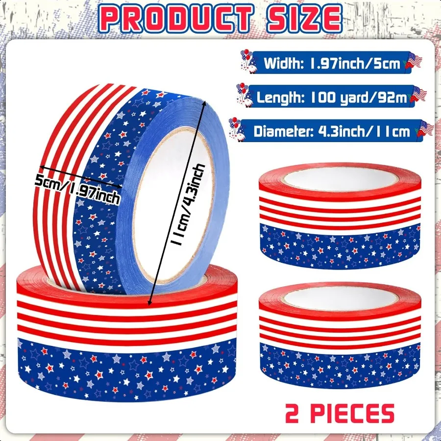 2 rolo de fita de embalagem patriótica 4 de julho bandeira americana fitas decorativas dia da independência pacote de embrulho de presente tira adesiva