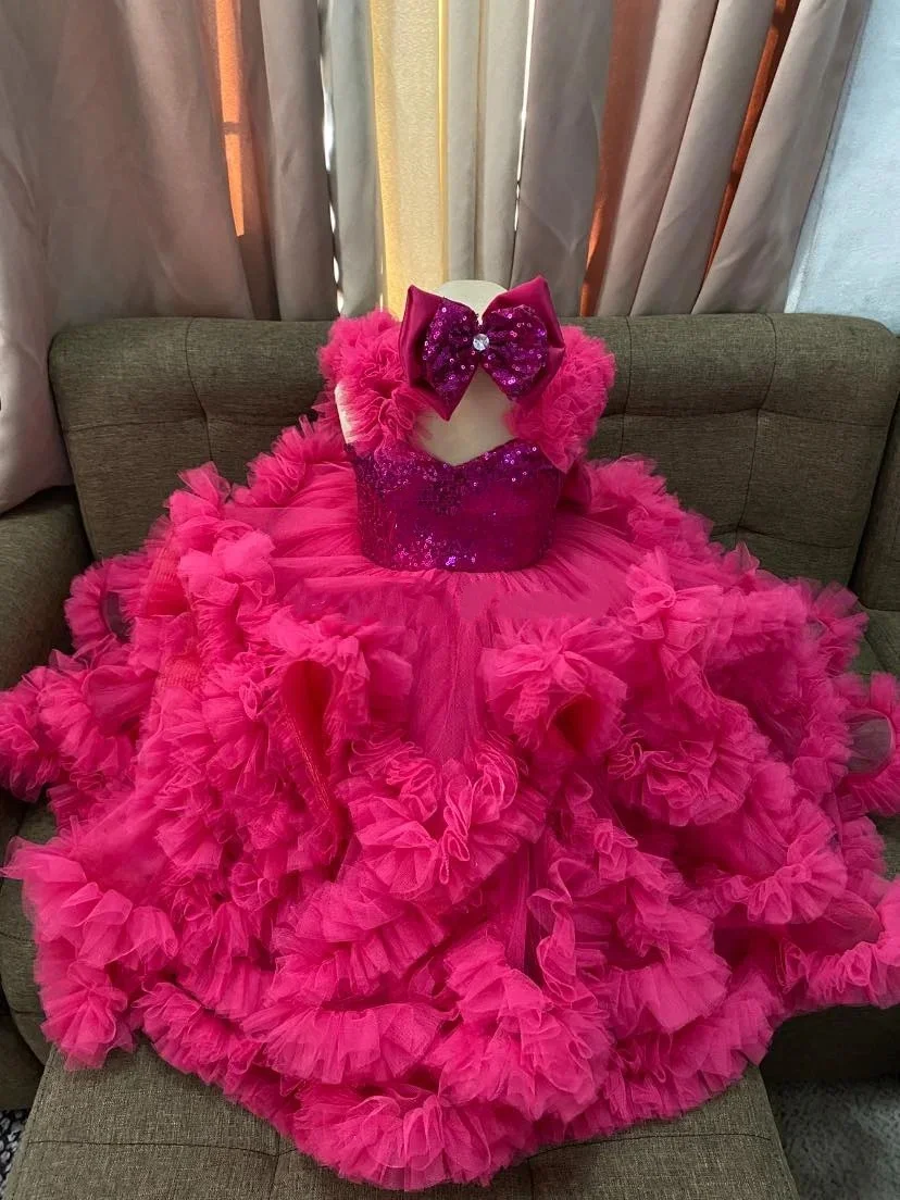 Luxury Flower Girl Dress For Wedding Sleeveless Sequins Ruffles Floor Lenght Kids Birthday Gowns Princess Dress Custom