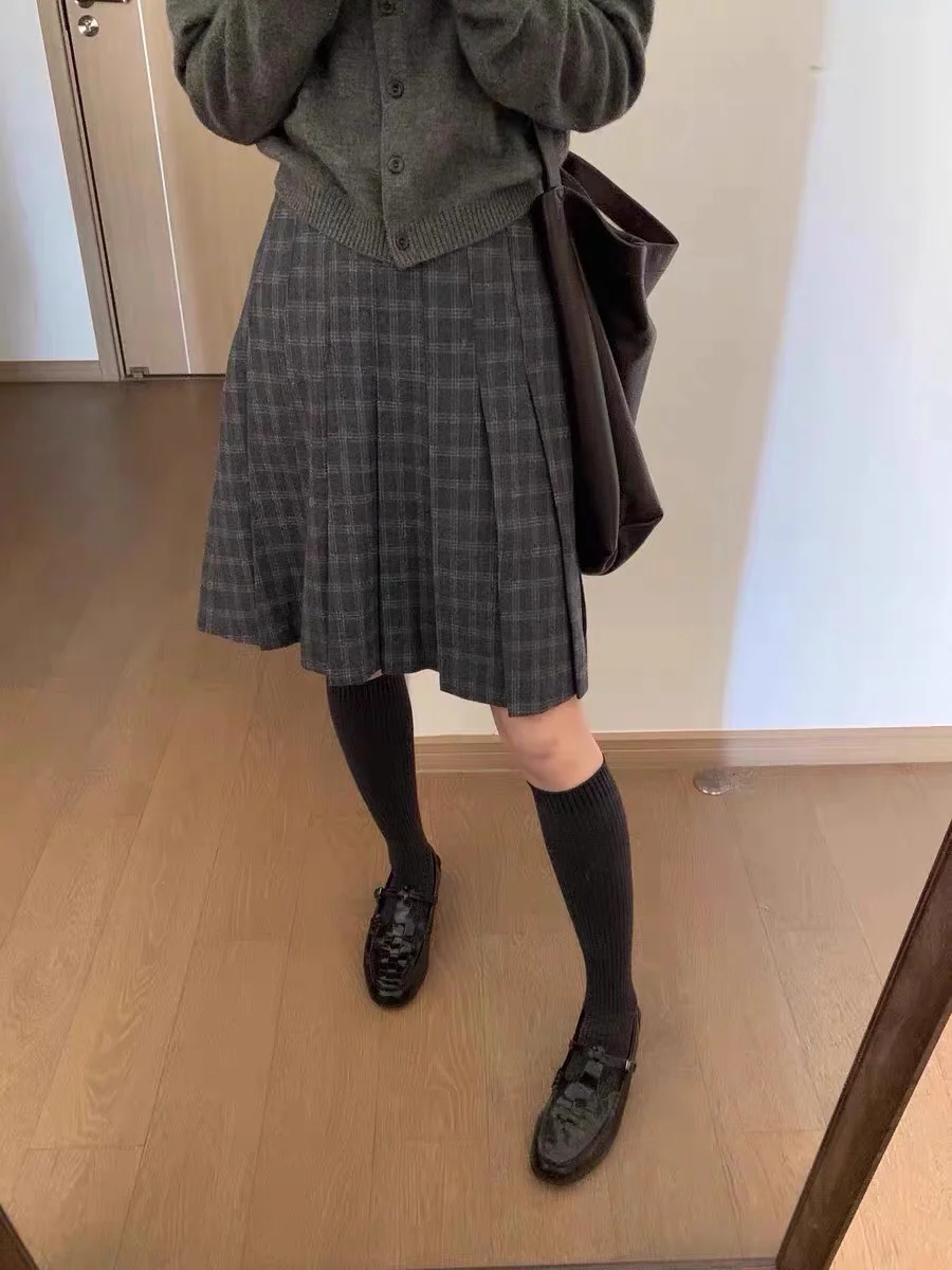 ay Woolen Plaid A-Line Skirt Women's Midi Skirt Autumn Winter College Sle f-length Skirt plus Size ort Girls