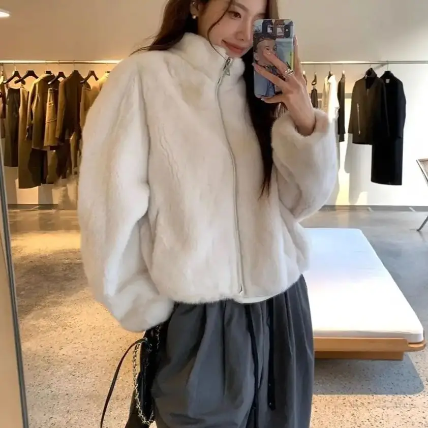 Plüsch Kurz mantel Stand Kragen Korea Herbst Winter Mode Jacke Frauen Temperament elegante lose Taschen warme Nerz Imitation Fell