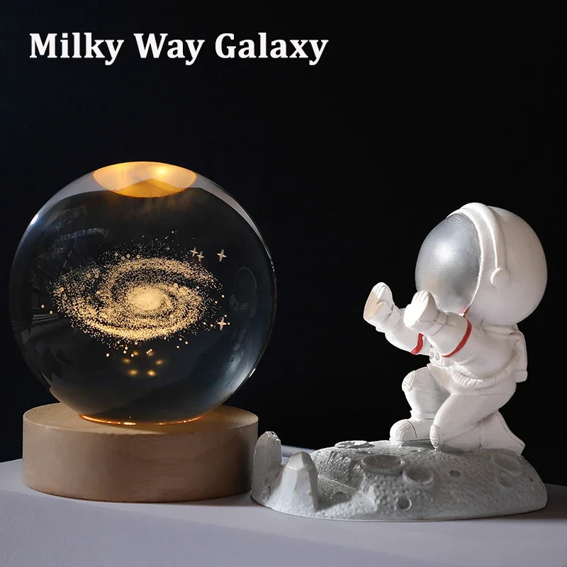 6/8cm 3D Crystal Ball Decoration 2024 Astronomy Solar System Planets Moon Astronaut LED Balls Home Snow Glass Globe Decorations