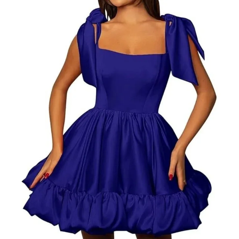 

Lovery Roayl Blue Short Prom Dresses 2027 Straps Square Bow Ruffles Train Mini Homecoming Birthday Formal Party Gowns