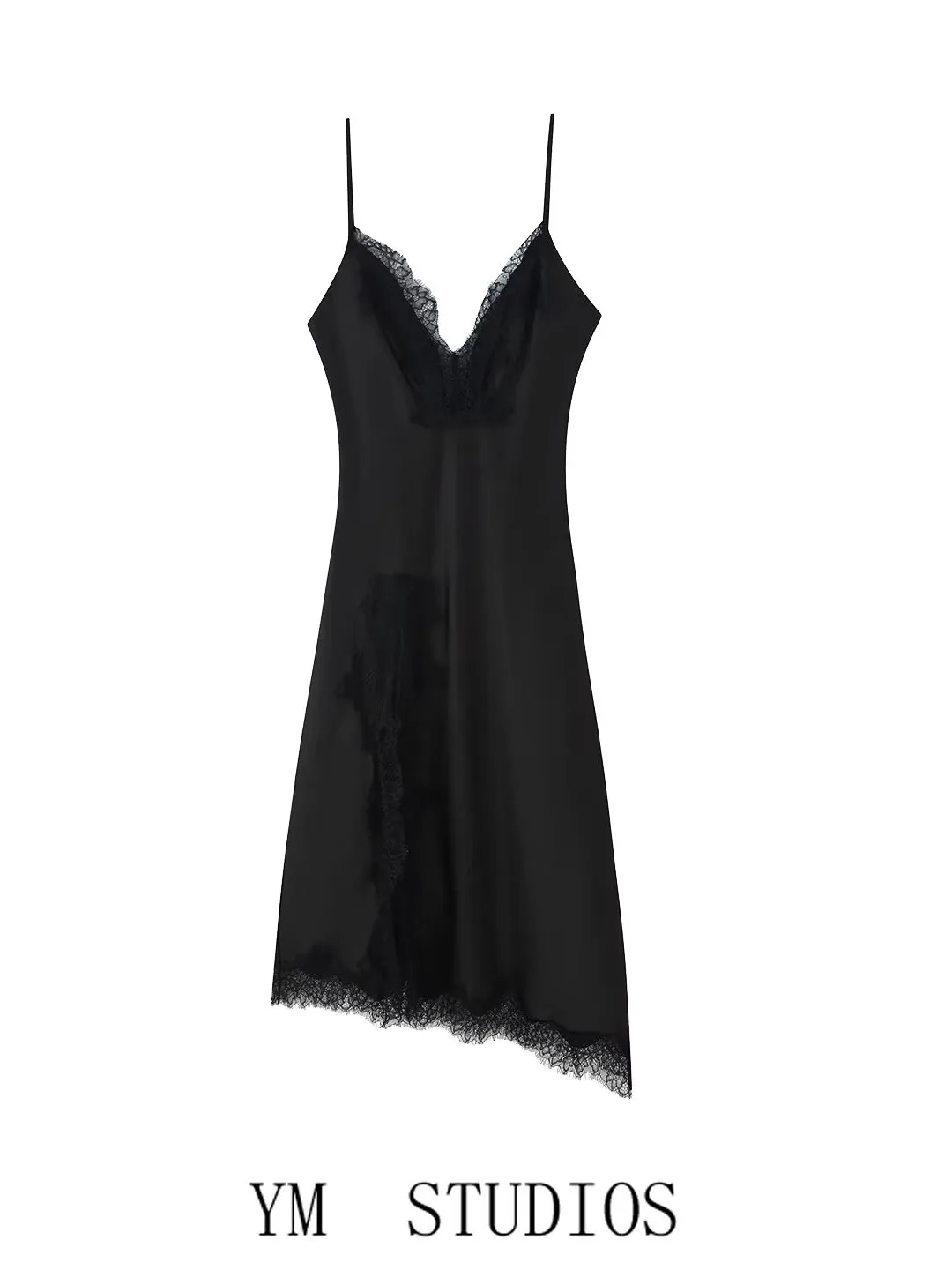 

Bla Lace Splice Strapl Satin Dr Asymmetrical Side Slit Sexy High Waist Slim Fit Casual Sle Women's Dr