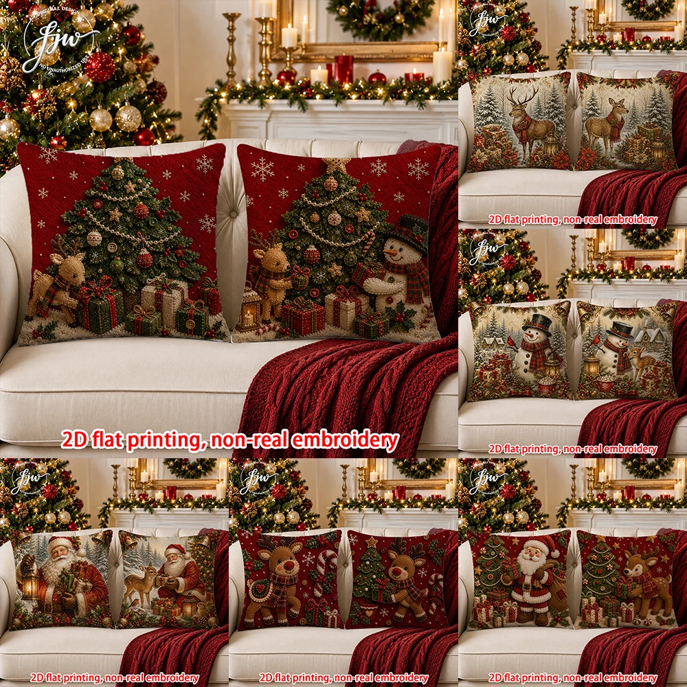 2pcs Christmas Throw Pillow Covers Vintage Xmas Tree Snowman Reindeer Santa Decorative Cushion Cases for Home Sofa Couch Holiday