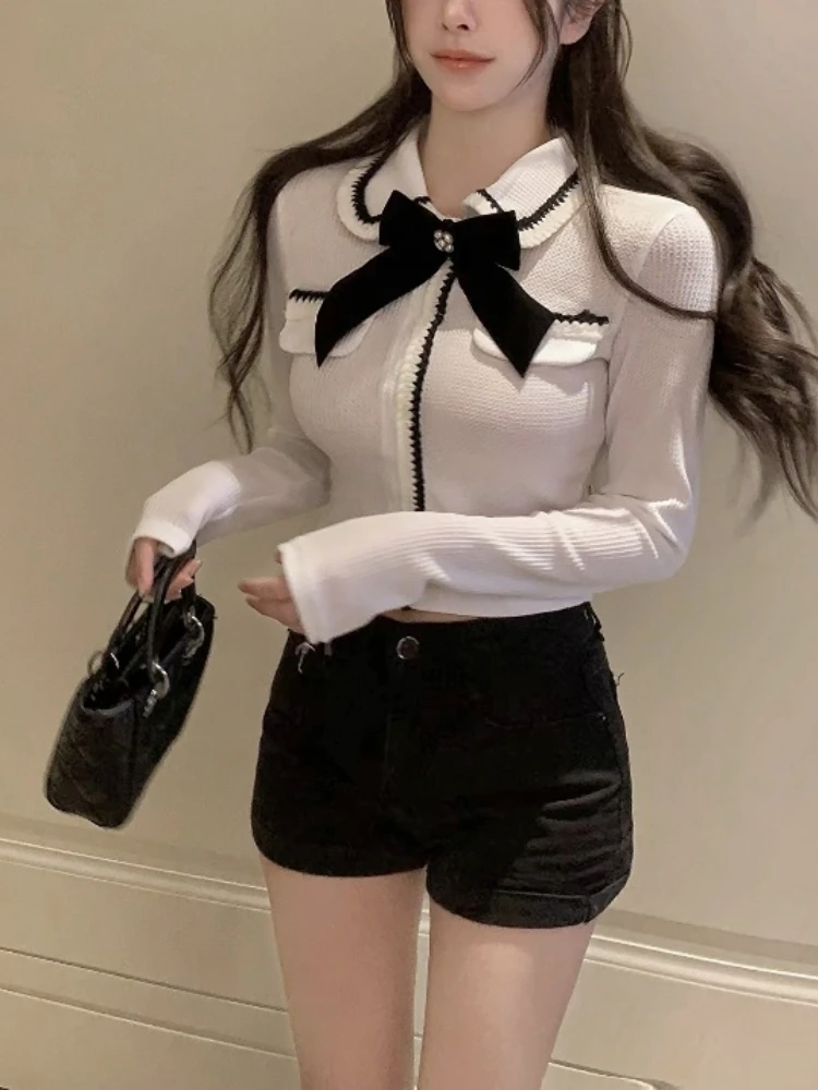 Woherb 2024 Chic Single Breasted Shirts Women Fashion Elegant Blousas Loose Patchwork Tops Korean  Bow Blusas De Mujer