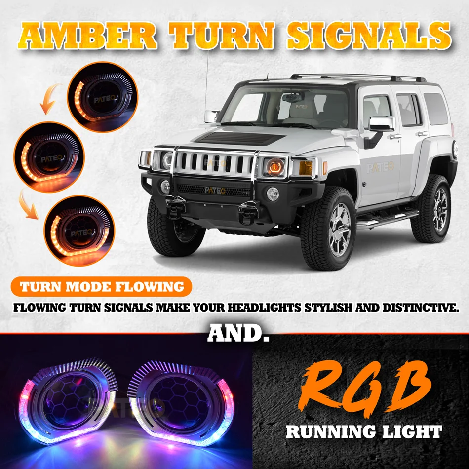 Dynamic RGBW LED Angel Eyes Bi-xenon Projector Headlight 3 inch Honeycomb Lens C-shape Halo DRL Turn Signal APP Control Car Kit