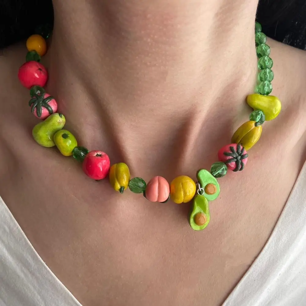 Fun Layered Beads Fruit Necklace Stackable Colorful Beads Bohemian Collarbone Chain Lemons Cherry Multi Layer Choker Vacation