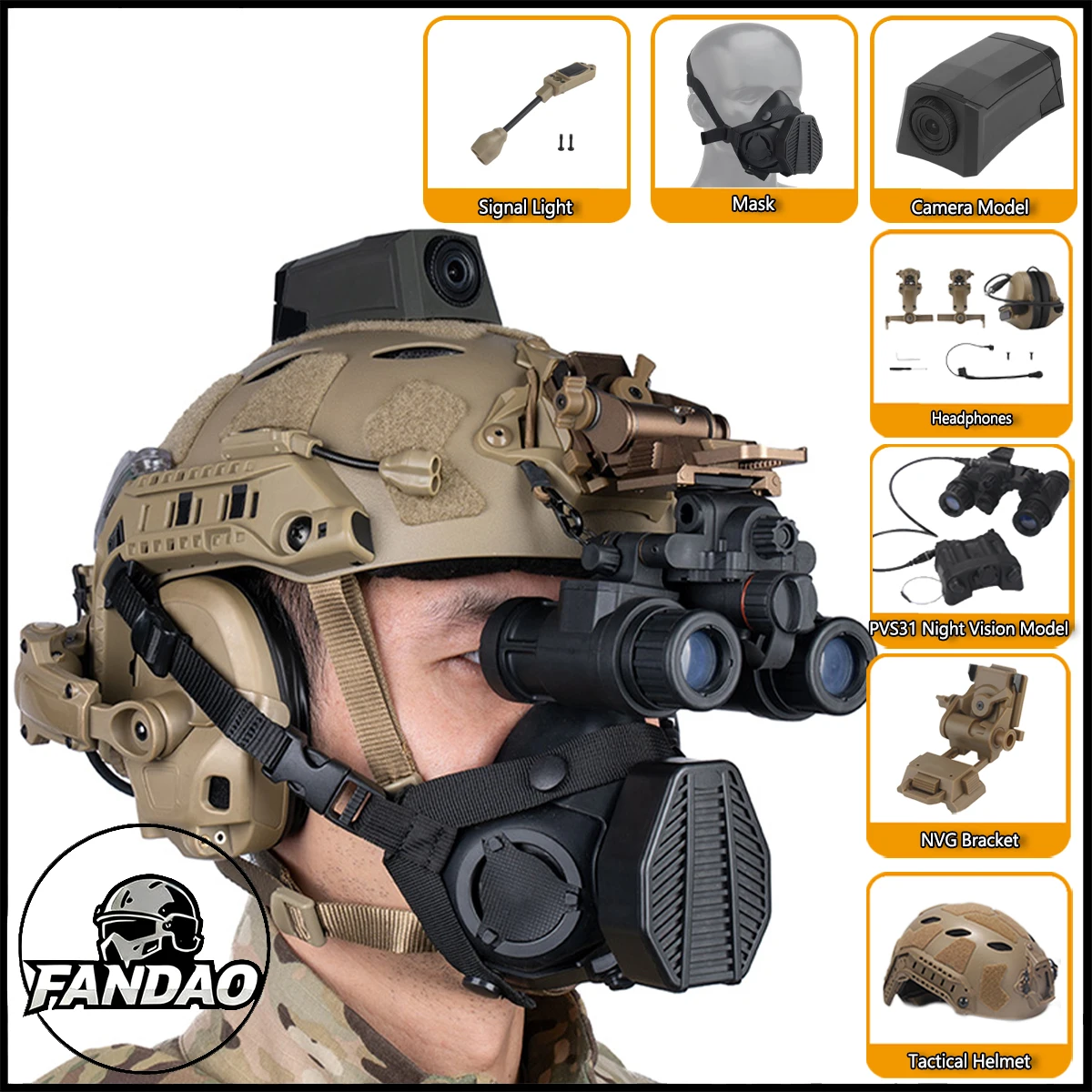 Tactical Helmet Set with Night Vision Goggles Headset Respirator Signal Light for Outdoor Airsoft Shooting Cosplay Equipment