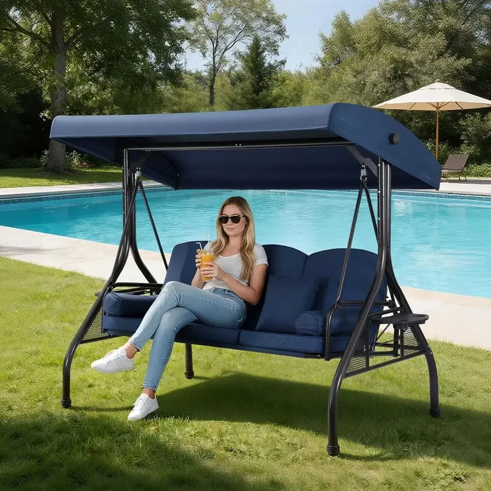 3-Seat Outdoor Swing, Convertible Patio Bed, Glider with Cup Holder and Pillow, Blue