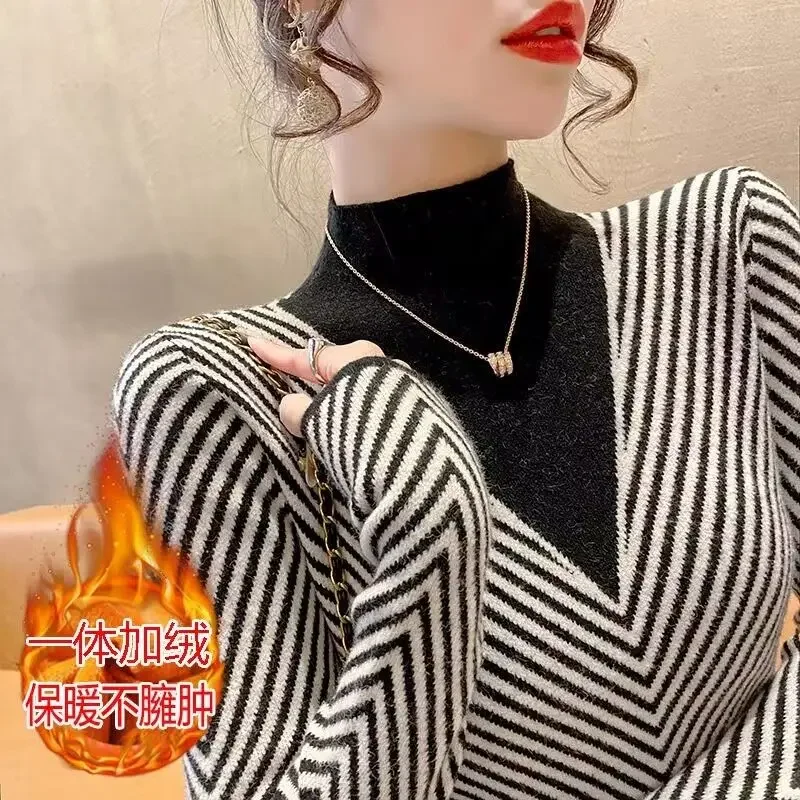 Autumn and Winter Women's Pullover Half High Neck Long Sleeve Stripe Contrast Color Thickened Fashion Casual Sweater Tops