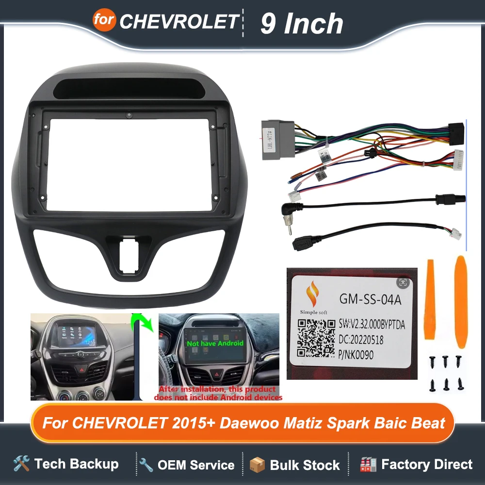 Radio Android estéreo con cableado de navegación para el tablero, marco y canbus para CHEVROLET 2015+ Daewoo Matiz Spark Baic Beat 9 pulgadas