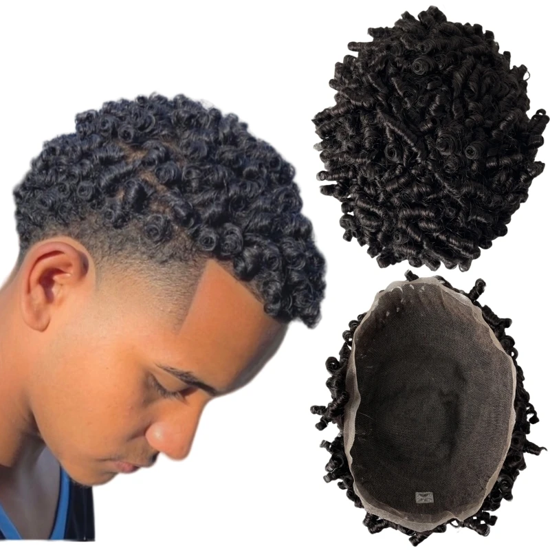 

Malaysian Virgin Human Hair Systems #1 Jet Black 15mm Curl Full Lace Toupee 8x10 Male Unit for Black Men