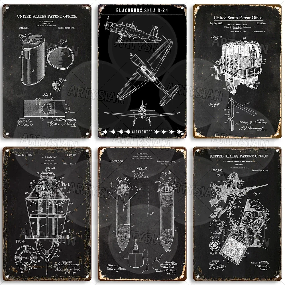 Patent Metal Sign Blackburn Skua B-24 Fighter Plane WWII Vehicle Gas Mask Aerial Bomb Dassault Mirage 2000 Military Truck Plaque