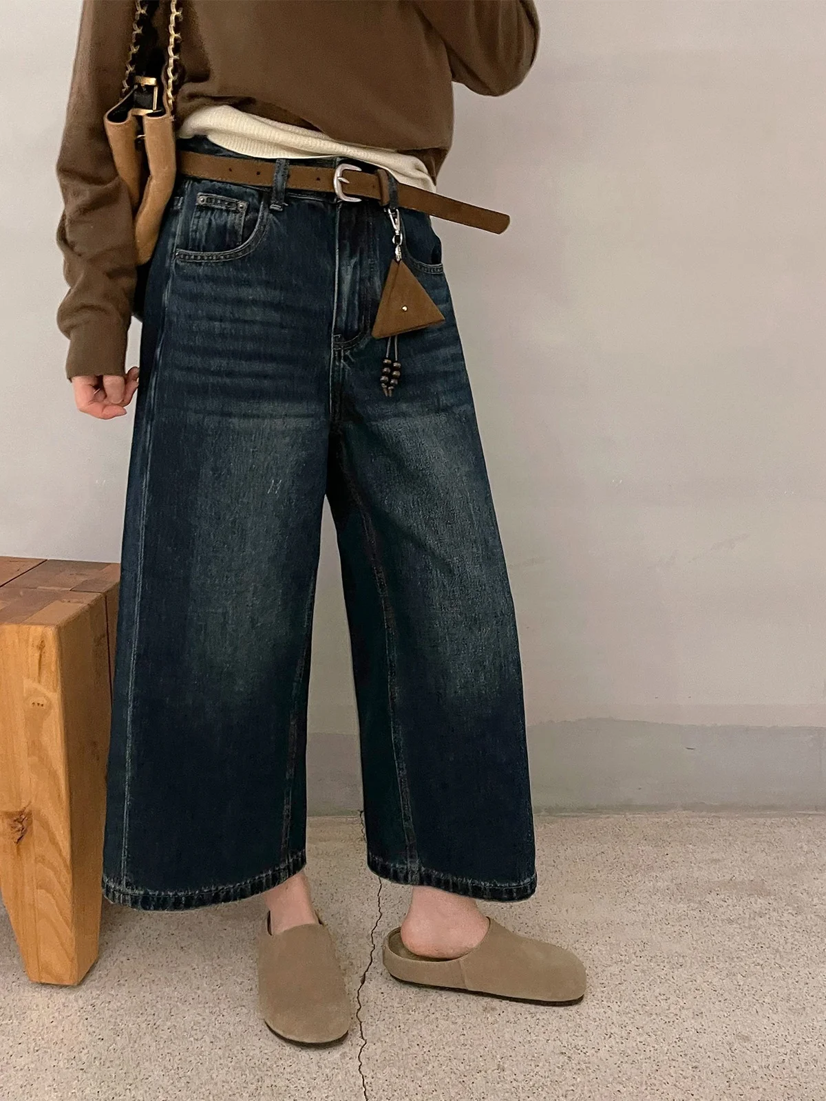 

Love Devil Fi Vintage Blue Denim Jeans Women's Loose Wide Leg Pants Belt Included High Waist Commuter Sle Autumn Spring