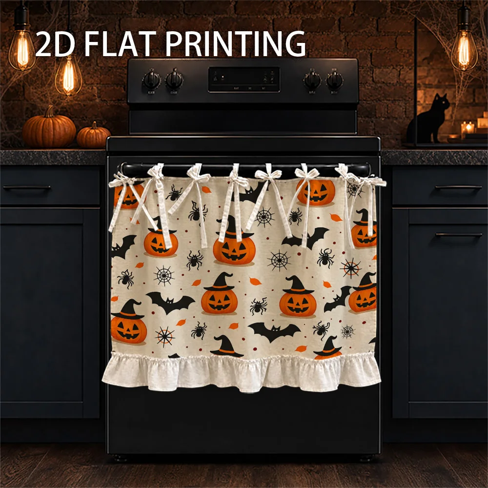 1PC Kitchen Stove Curtain, Cabinet Curtain, Apron. Featuring a 2D Graphic Design Featuring Halloween-Themed Pumpkins, Bats and S