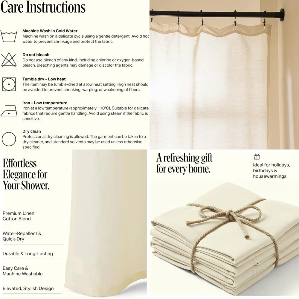 Cortina de Ducha de Mezcla de Lino y Algodón, 72x72 - 67% Lino, 33% Algodón, Orificios Reforzados, Cosida, Hecha en Portugal, Alabastro