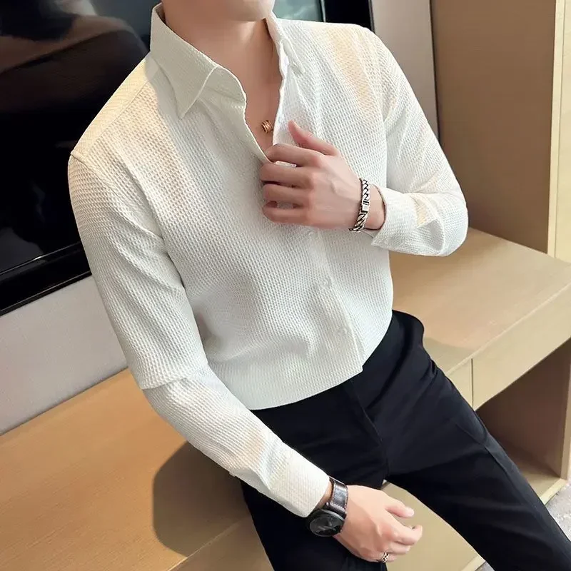

Male Shirts Green Plain Men's Shirt Business Waffle Designer Fashion 2025 Hipster Regular Elegant Slim Fit Cheap Brand Social I