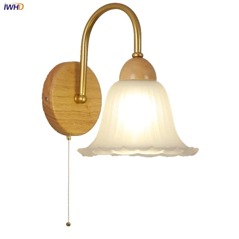 

IWHD Nordic Glass LED Wall Light Fixture Hallway Reading Bedroom Home Decor Pull Chain Switch Simple Bedside Lamp Sconce Lampara