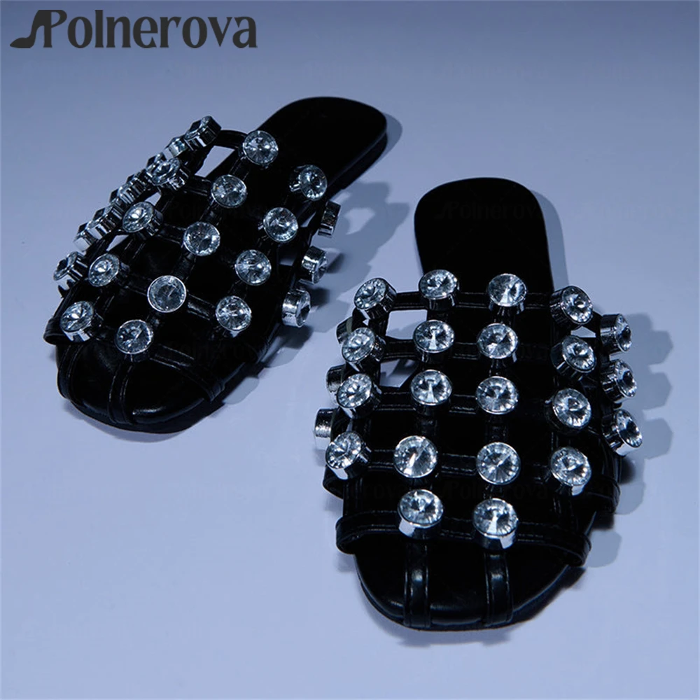 

Gem Embellished Flat Slippers Silver Metallic Hardware Slip-On Summer Shoes Round Toe Cage Mules for Women Black Leather Custom