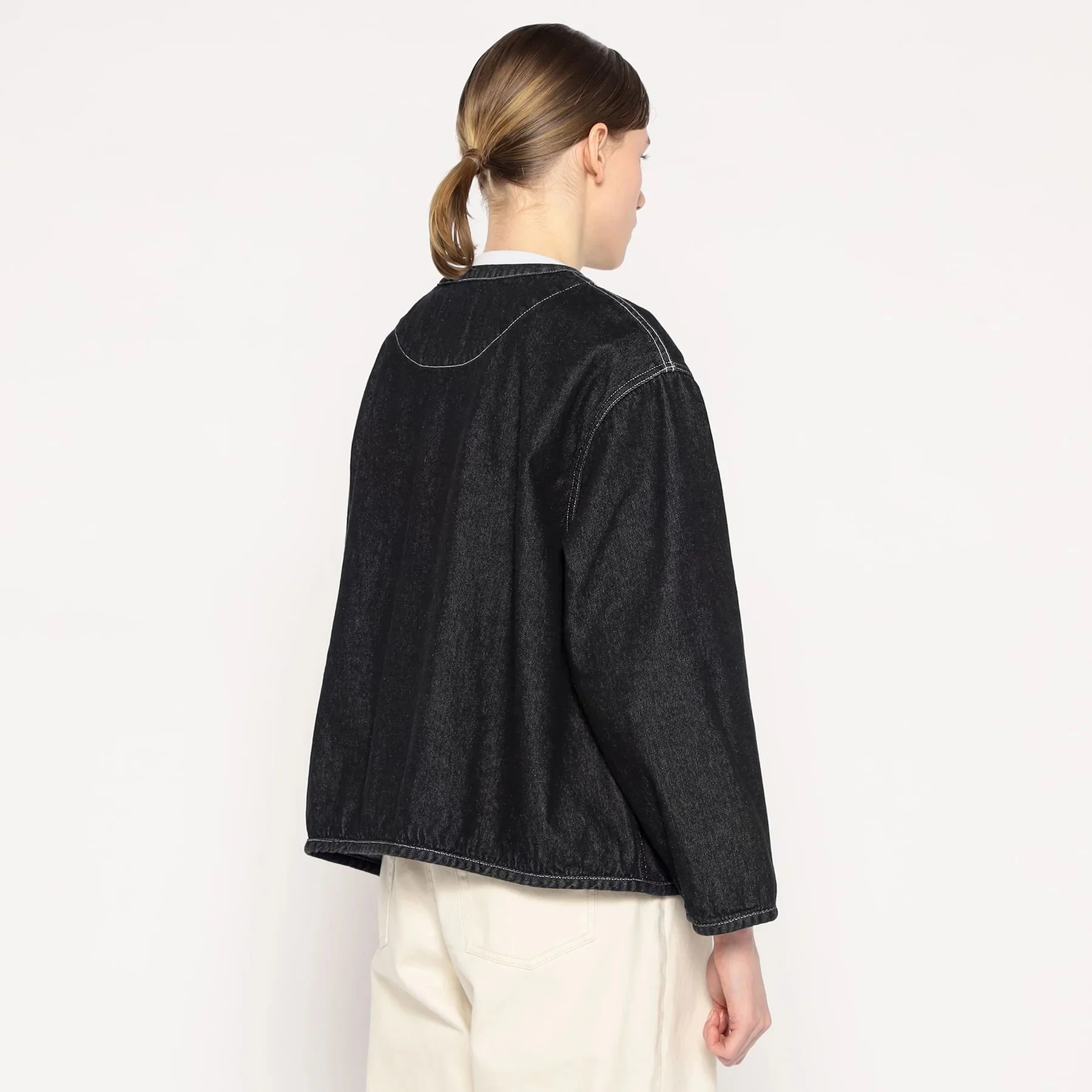 Waed Cotton round Ne Denim ort Jaet Top BOY Collab Vintage Sle Women's Straight Cut Long Sve ort Length Button...