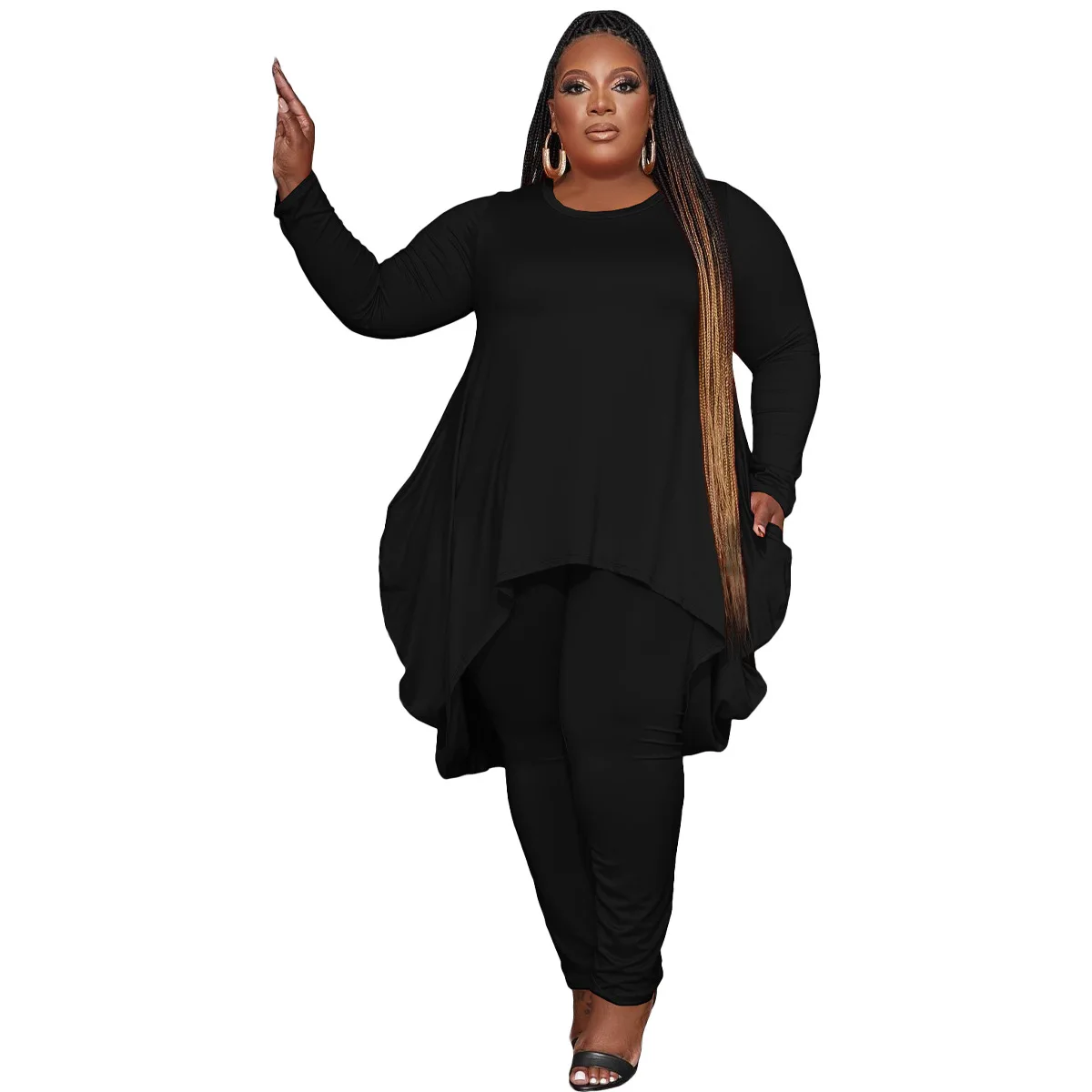 

WSFEC XL-5XL 2023 New Fashion Plus Size Women Clothing Two Piece Sets Solid Color Long Sleeve Loose Irregular Casual Pant Suits