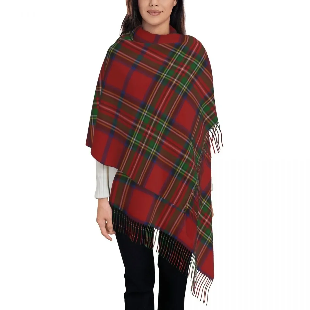 Stylish Royal Stewart Tartan Clan Tassel Scarf Women Winter Warm Shawls Wraps Female Geometric Gingham Scarves