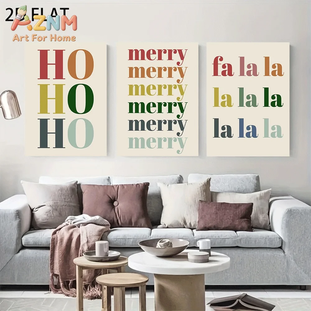AZNM Boho Colorful Christmas Letter Quote Canvas Wall Art, Retro Merry Ho Ho Ho Fa La La Text Typography Festive Xmas Illustrati