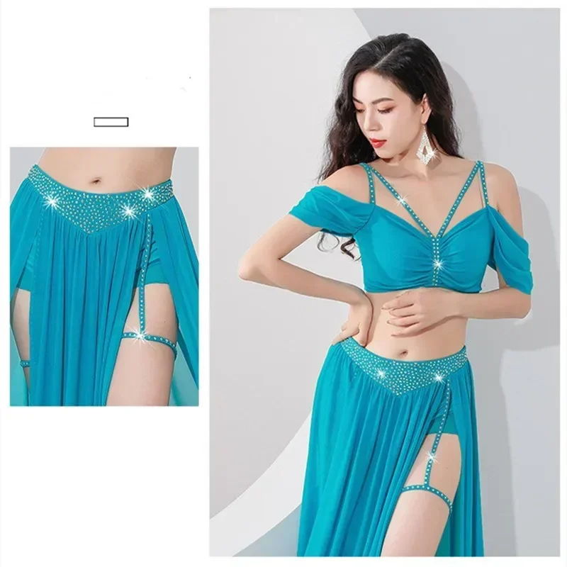 Belly Dance Costumes Woman Rhinestone Shine 2 Piece Practice Clothing Shoulder Off Oriental Gauze Skirt Side Split Traje Suit