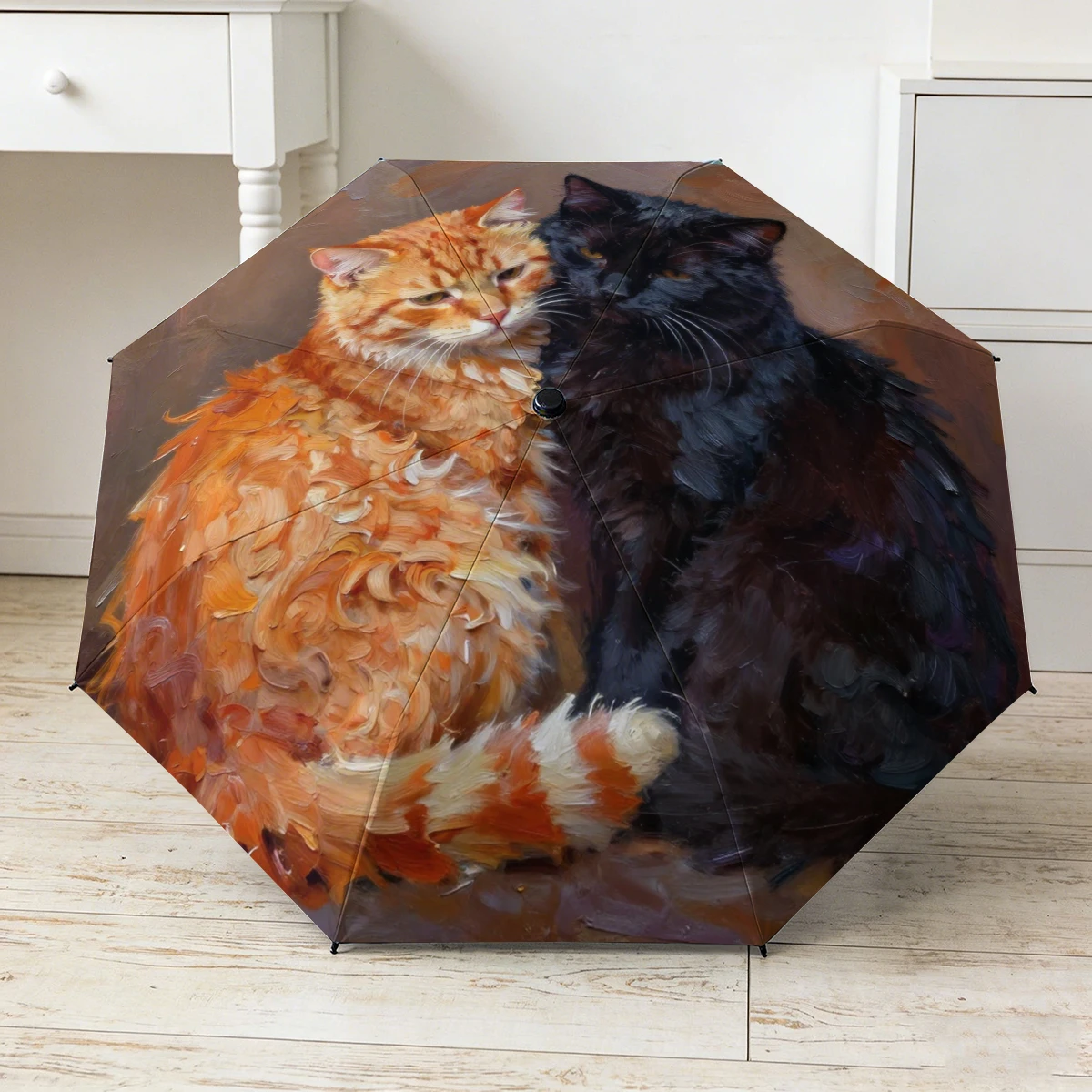 Cute cat landscape travel folding umbrella, portable automatic opening and closing folding umbrella