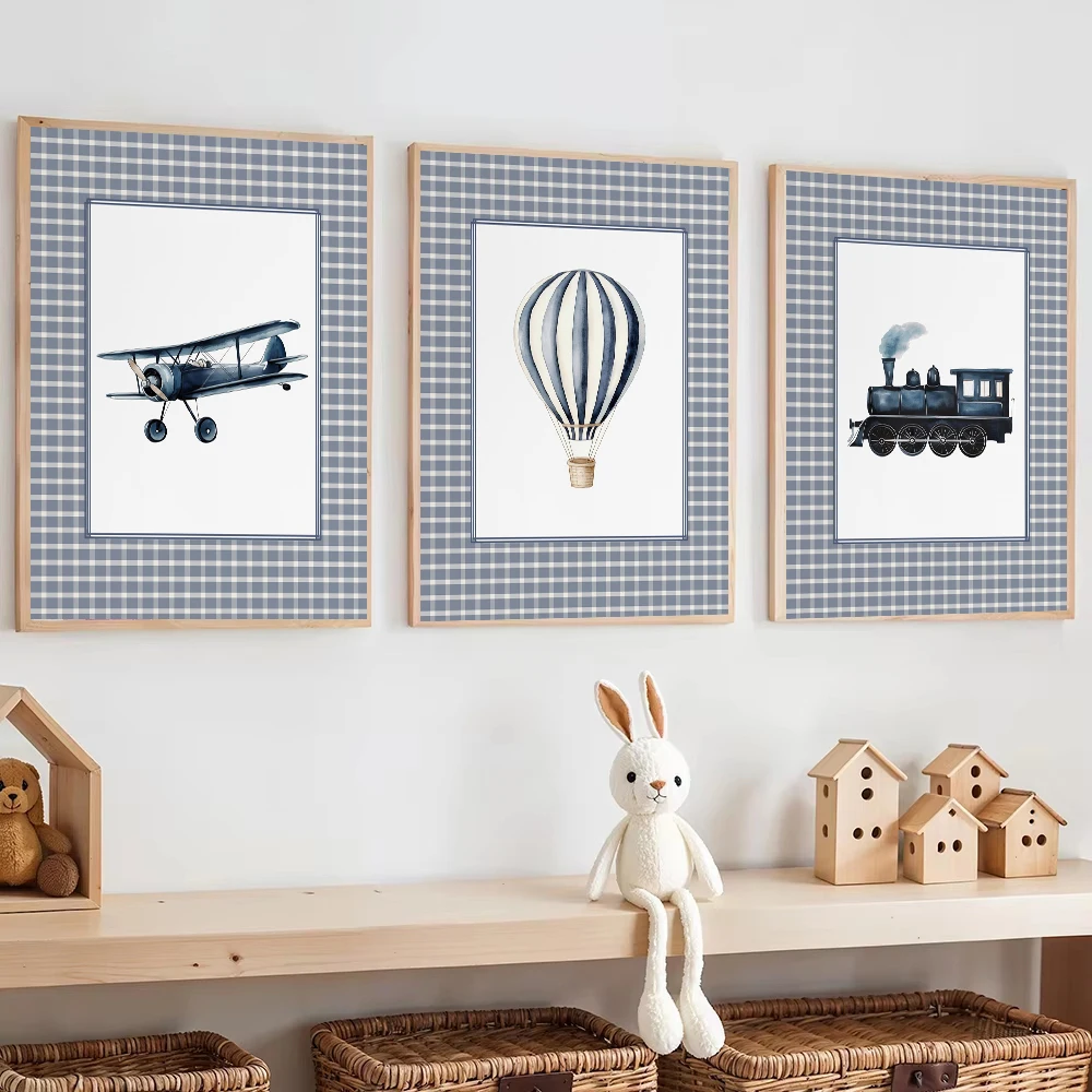 1pc frameless Canvas Painting Vintage Stripe Blue Travel Transportation Poster Hot Air Balloon Boat Plane Train Car Canvas Paint
